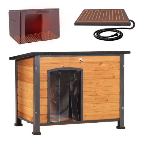 Heated Dog House Outdoor 35.5" Large Dog Kennel with Metal Frame Insulated Dog Crate Cage for Small to Medium Dogs Outside with Heater and Insulated Liner