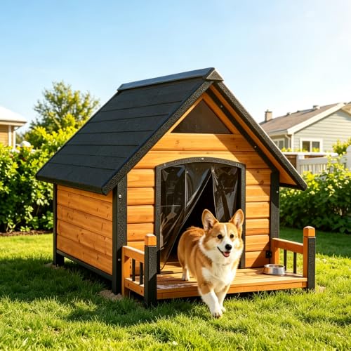 Dog House Outdoor Weatherproof with Iron Frame and Asphalt Roof