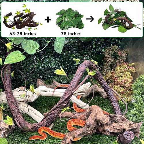 Extra Large Reptile Vines Thick Terrarium Plants 78 Inches Long Flexible Climbing Branch with Leaves Snake Tank Accessories Greenery Habitat Decor for Bearded Dragon Chameleon Gecko Lizard (Black Reptile Vines (Lengh:78" Dia: 1.2 In))