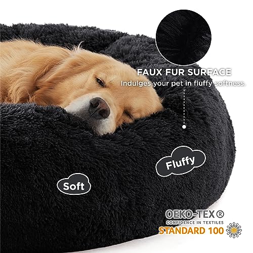 Calming XL Dog Bed Donut Washable Extra Large Pet Bed (45"L x 45"W x 10"Th / Black)