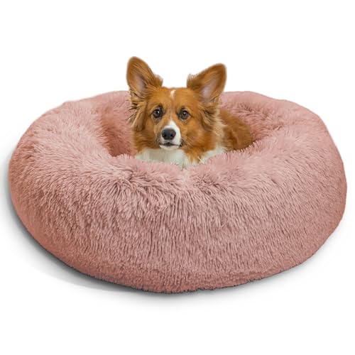 The Original Calming Donut Dog Bed for Medium Dogs up to 45 lbs (Dusty Rose Shag / Medium)
