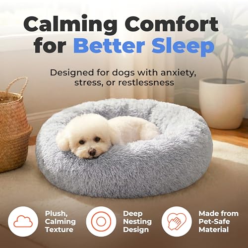 Round Calming Dog Bed for Small (Light Warm Gray / 27" x 27" x 7.5")