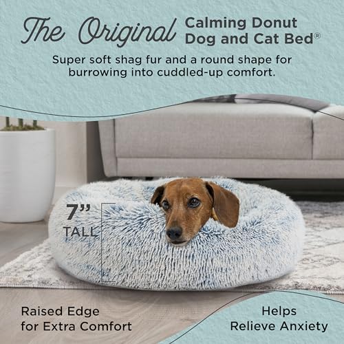 The Original Calming Donut Dog Bed for Small Dogs up to 25 lbs (Denim Shag / Small)