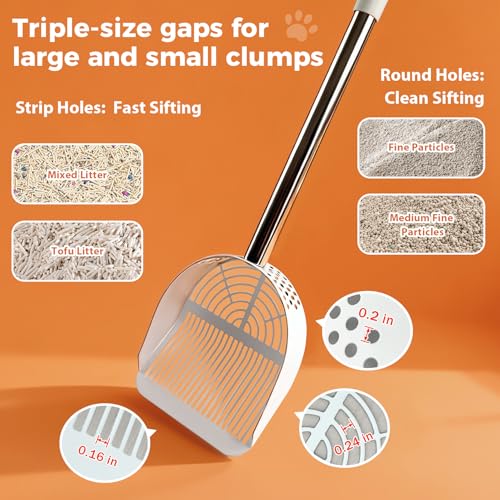 Cat Litter Scoop Deep Shovel (Long Handle-For particles up to 3 mm / White)