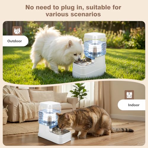 1.1 Gallon Pet Automatic Dog Water Dispenser Cat Gravity Waterer Feeder with Stainless Steel Bowl 8L Large Capacity Puppy Feeding Raised Bowls with Filter (White / 4L(1.1 Gallon))
