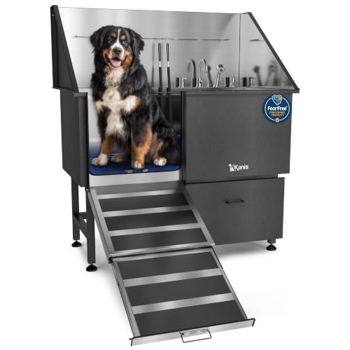 Professional Dog Washing Station 304 Stainless Steel Pet Wash Sink (Black, Left Ramp, 1 Drawer / 50 Inches)