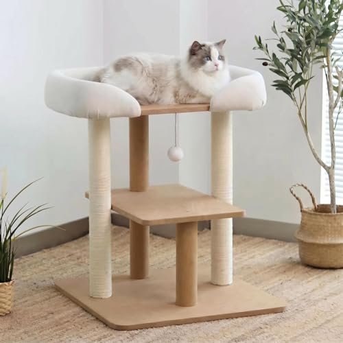 Modern Wooden Cat Tree Tower with Extra Large Platform (D)