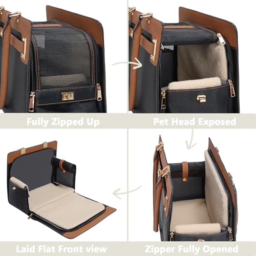 2-in-1 Stylish Dog Purse Carrier Soft-Sided Carriers Travel Tote Bag for Small Dogs Cats, Fashion Foldable Pet Bag for Puppies Small Animals with Pockets (Black+Brown, 15" L x 7.5" W x 12.2" H) (Black+Brown / 15" L x 7.5" W x 12.2" H)