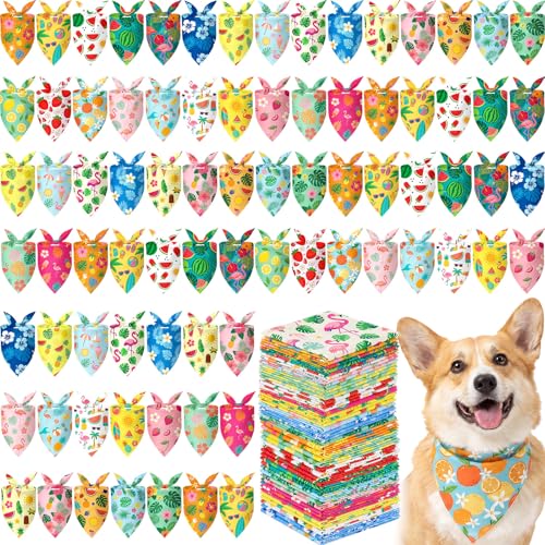50 Pcs Summer Hawaiian Dog Bandanas Bulk Tropical Flower Pattern (25.6 x 17.7 x 17.7 Inch / Summer)