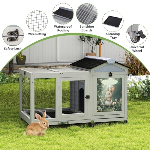 39IN Heated Rabbit Hutch with Wheels (Grey)