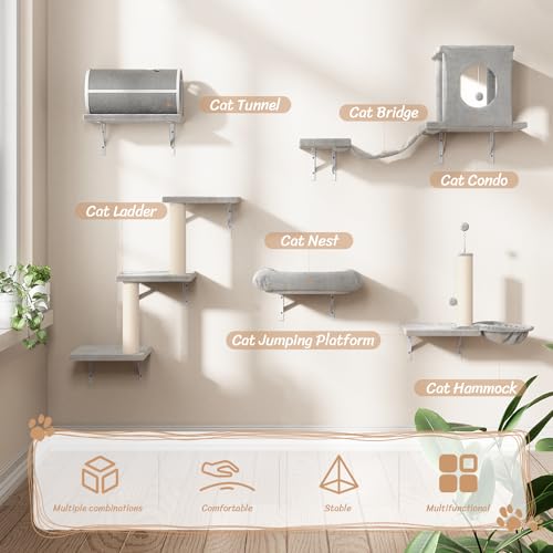 14-in-1 Cat Wall Shelves, Wall-Mounted Cat Climber Set, Grey (Grey)