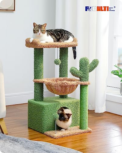 4-in-1 Cactus Cat Tree for Kittens & Small Cats, 33in Green Tower (Green / L(15.8"L x 15.8"W x 33"H))