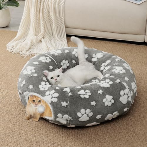 Cute Round Cat Tunnel for Indoor Cats (Grey Paw / Round)