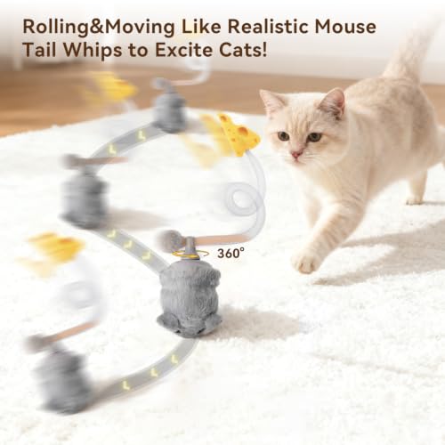 Interactive MigiMouse Cat Toy 360° Rolling & Spin with Mesh Plastic Tail for Indoor Cats Smart Motion Sensor