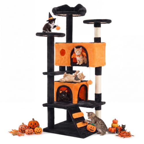 54 inch Cat Tree Tower with Scratching Posts (Black & Orange / 54IN)