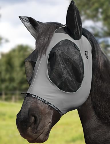 Horse Fly Mask with Forelock Opening Stretch Breathable and Comfortable for Horses UV (Grey / M)