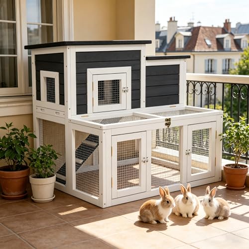Outdoor Rabbit Hutch Wooden Bunny Cage for Small Animals (Gray+Black)