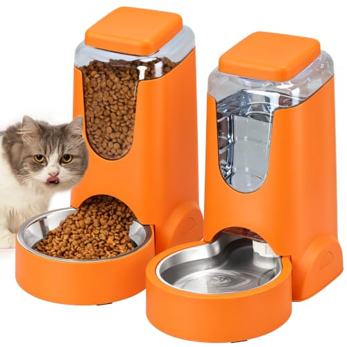 Portable Automatic Cat Feeder and Water Dispenser with Stainless Steel Bowl Dog Gravity Food Feeder and Waterer for Small Medium Pets Puppy Kitten 1 Gallon x 2 (Orange)