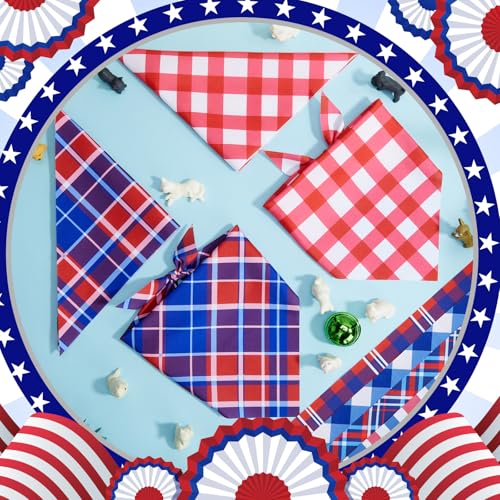 50 Pcs Veterans Day Dog Bandanas Bulk (Red White Blue Plaid / 19.7 x 13.8 x 13.8'')