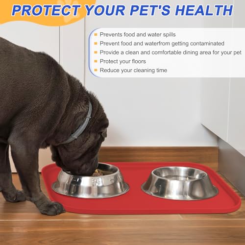Waterproof Silicone Pet Food Mat with Raised Edge for Dog & Cat (Red / 22"L x 14"W)