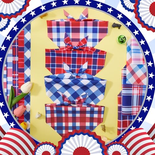50 Pcs Veterans Day Dog Bandanas Bulk (Red White Blue Plaid / 31.5 x 21.7 x 21.7")