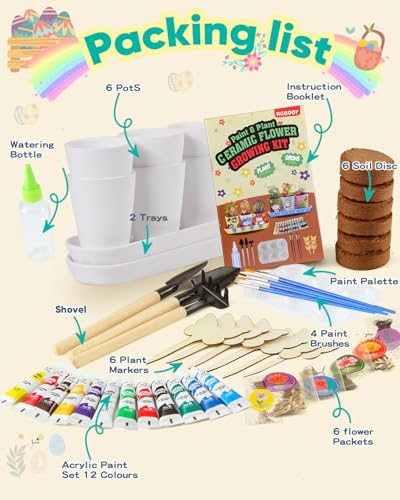 Kids Gardening Set Paint and Plant Stoneware Flower Growing Kit with 6 Pots and Gardening Tools Arts and Crafts for Kids Ages 8 (6-set)