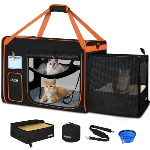 Side Expandable Extra Large Cat Carrier with Litter Box (Black)