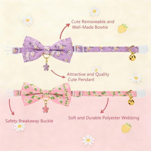 2 Pack Floral Cat Collars with Bow Tie and Bell Adjustable Breakaway Bowtie Cute Kitten Collar (S:Neck 7.0" - 11.0" / Floral Purple+Pink)