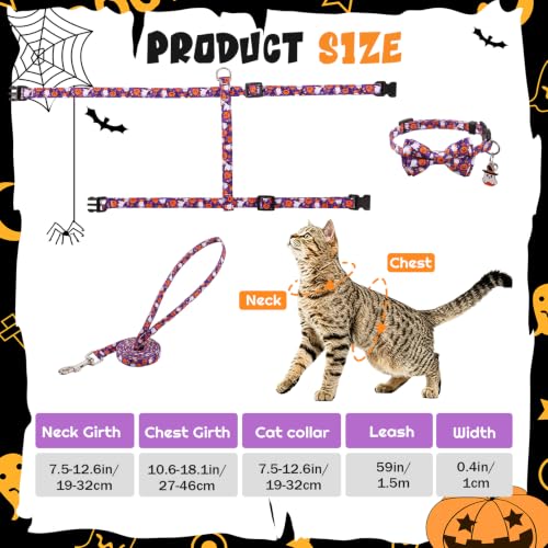 2 Pack Halloween Cat Harness and Leash Breakaway Cat Collars with Bow tie (Halloween Orange,Purple)