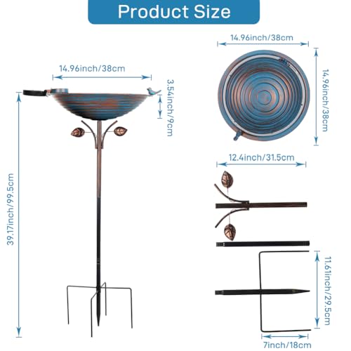 Metal Bird Bath with Stake (Blue-Solar Light)