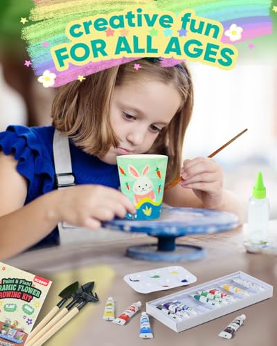 Kids Gardening Set Paint and Plant Stoneware Flower Growing Kit with 6 Pots and Gardening Tools Arts and Crafts for Kids Ages 8 (6-set)