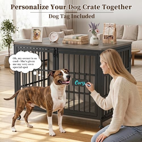 42 in Heavy Duty Dog Crate Furniture on Lockable Wheels (Grey / 42.1"L x 29.3"W x 31.2"H)