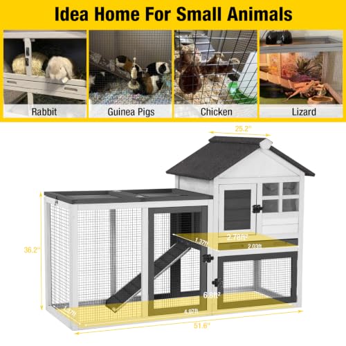 Rabbit Hutch Indoor Bunny Cage Outdoor with Run Chicken Coop Guinea Pig House with Waterproof Asphalt Roof (51.6"L x 25.2"W x 36.2"H / White)
