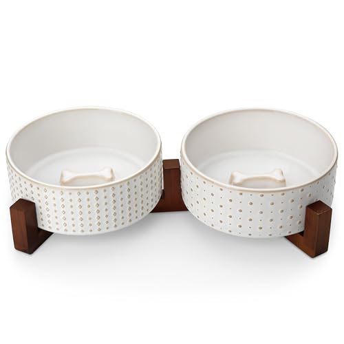 Dog Bowl Set Ceramic Bowls with Walnut Wood Stand (Rhombic+Polka Dots / 4 Cups)