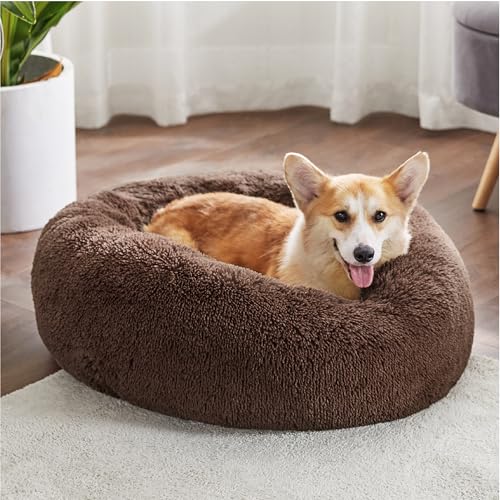 Calming Dog Bed Medium Large Size Dogs Washable Pet Bed (33"L x 33"W x 8"Th / Coffee)