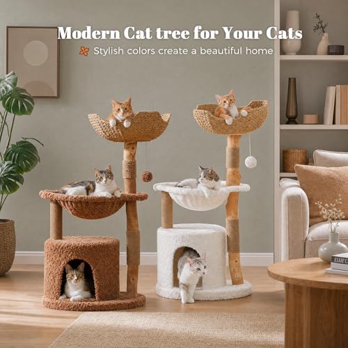 40" Modern Wood Cat Tree with Rattan Basket & Hammock (Brown / 40" Solid Wood Cat Tree)