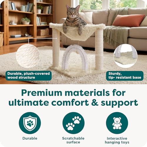 17.3" Tall Cat Scratching Post Tower for Indoor Cats (Cat Tower / Plush Hammock Playground (Cream))