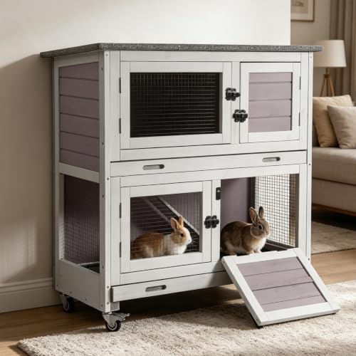2 Story Rabbit Hutch on Wheels Indoor Outdoor Bunny Cage with Run (Gray-Small)