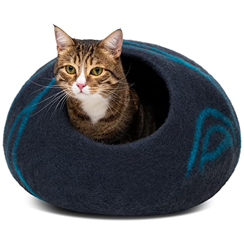 Cat Cave Merino Wool Bed for Indoor Cats (Black Aqua, Medium)