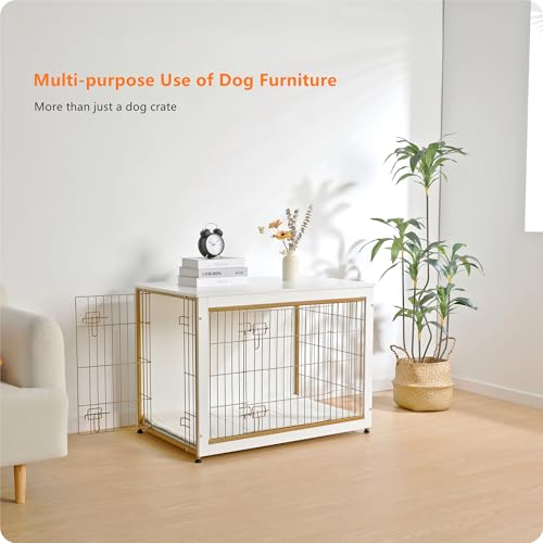 38.5" XL Dog Crate Furniture with Cushion (White+Gold / 38.5"L x 25.6"W x 26.8"H)