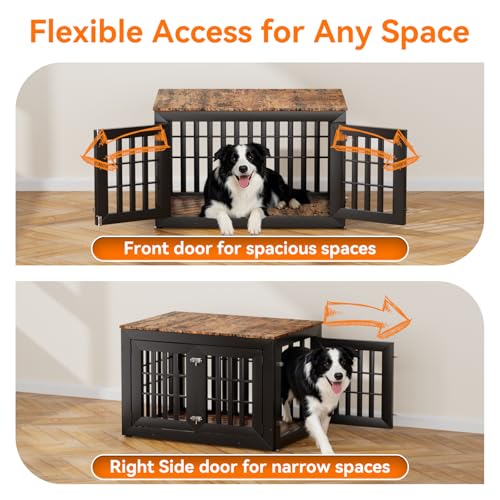38" Heavy Duty Dog Crate Furniture for Large (37.4"L x 25.8"W x 27.4"H / Black+Brown)