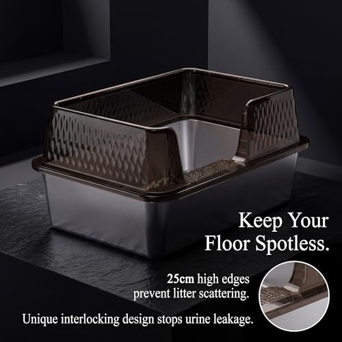 Large Stainless Steel Litter Box Side Entry High Sides Deep Metal Cat Litter Boxes with Lid Low Entry Litter Mat and Scoop Litter Pan (Black / Large)