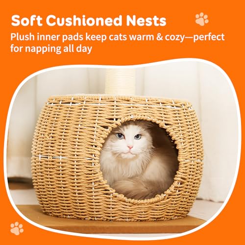 55.5 Inch Modern Cat Tree for Large Cats with Woven Rattan Beds (1)