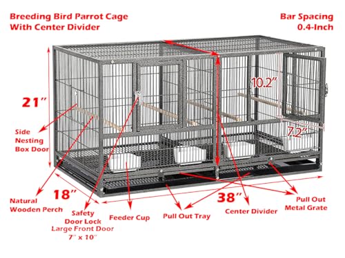 Single Stackable Sturdy Wrought Iron Center Divided Breeder Breeding Bird Flight Double Home Cage Side Nest Box Doors for Aviaries Canaries Cockatiels Finches Budgies Small Parrots (Black Vein)
