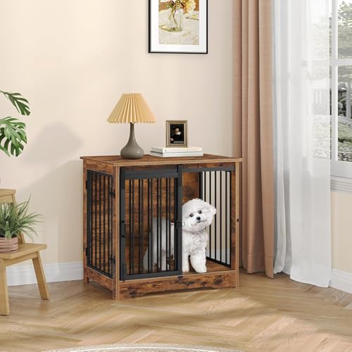 27.2" S Dog Crate Furniture Indoor Dog Kennel with Barn Door (Rustic Brown / 27.2"L x 19.3"W x 25.4"H)