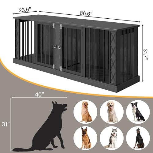 86.6" Wooden Double Dog Crate Furniture for 2 Large Dogs (Dark Black / 86.6"L x 23.6"W x 31.5"H)