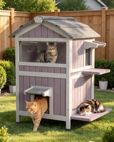 Outdoor Cat House Weatherproof Feral Cat Shelter with Escape Doors (Grey / Gable Roof - 26.8"W)
