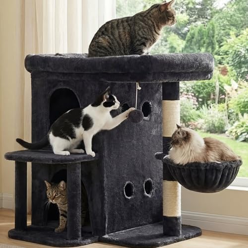 25.6" Cat Tree for Large Cats with Big Perch & Dual Condos HCT204SG (Smoky Gray / 25.6 inch)