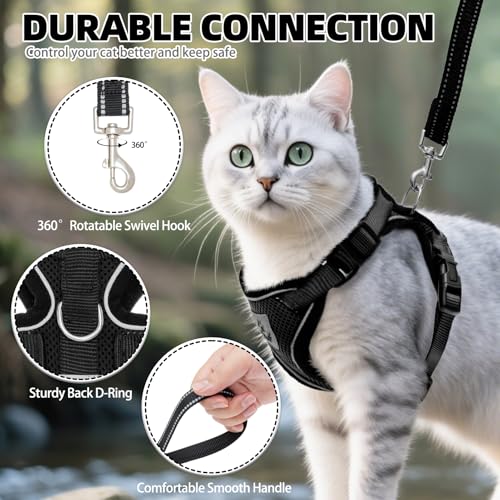 Cat Harness and Leash Set Escape Proof Reflective Cat Walking Harness Adjustable Soft Breathable Mesh Vest for Small Pets (M (NECK 11"-13.7", CHEST 16"-20") / Black)