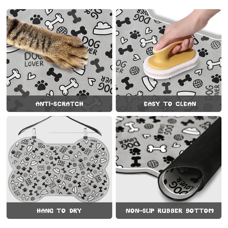 Dog Food Mats for Floors Waterproof (Grey Bone02 / 19"L x 12"W)